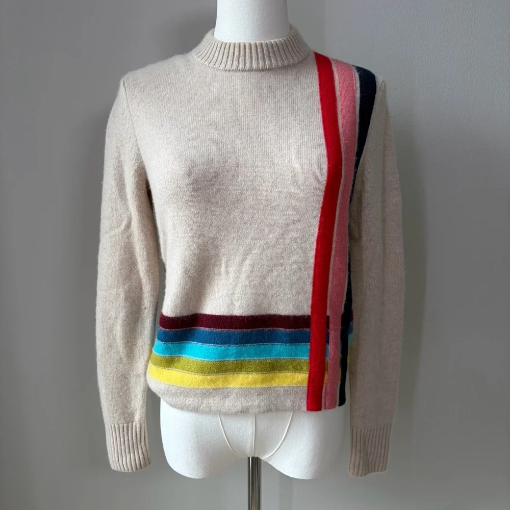 Tory Burch Oatmeal Rainbow Stripe Cashmere Crewneck Sweater